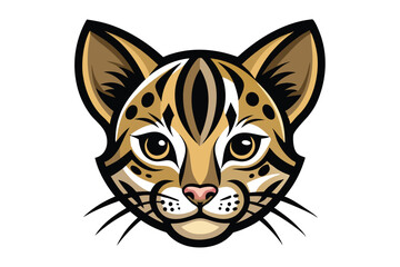 Detailed margay face featuring tan fur, black markings, and distinctive features presented on white