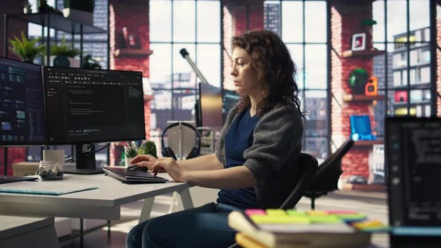 Software developer at agency office coding on her computer, creating a software and works on implementing algorithms. IT expert building applications with a programming interface. Camera A.