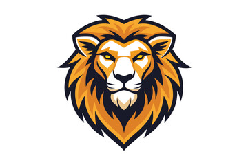 Regal lion head features golden mane and piercing yellow eyes on a white backdrop