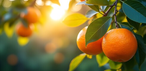 Sun-kissed Oranges on Branch: Vibrant oranges bask in the warm glow of sunlight, hanging from a branch adorned with lush green leaves, showcasing the beauty of nature and fresh produce.