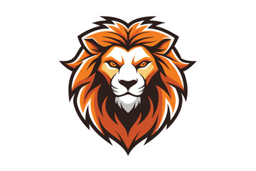 A majestic lion head stares forward with a fierce, captivating gaze and bold orange mane