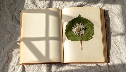 Pressed Flower in Antique Book Botanical Art and Sunlit Shadows