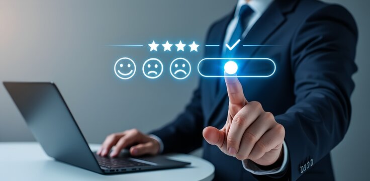 Customer Satisfaction Excellence: A professional in a business suit expertly navigates a digital interface, indicating top-tier customer satisfaction.