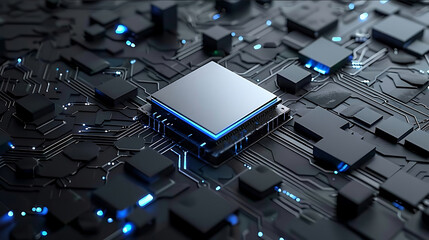 A highresolution hyperrealistic illustration of an integrated chip with intricate circuitry and glowing blue data streams floating above it on the surface of dark