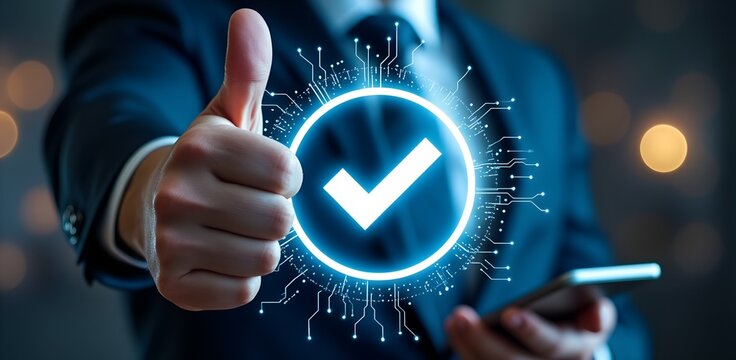 Thumbs Up Confirmation: A sharply dressed individual, exuding confidence, extends a hand in a gesture of approval. The central focus is a glowing, digital checkmark.
