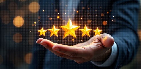 Five Star Success: A businessman's open palm showcases five radiant golden stars, symbolizing excellence and achievement.  A blurred bokeh background adds depth and a sense of prestige to the image.