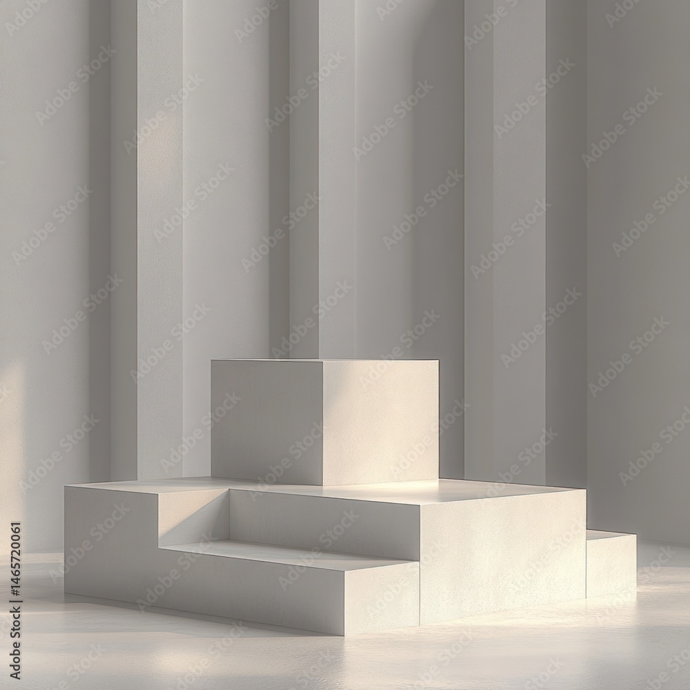 Poster minimalist white stepped platform with geometric cubic shapes and soft natural lighting creating a c