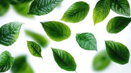 Fototapeta premium Multiple fresh green leaves floating against a bright white background conveying freshness and natural beauty