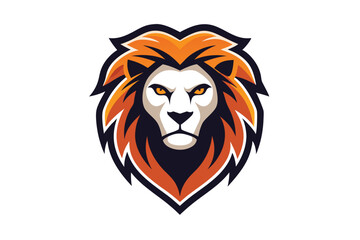 A stylized lion head with orange mane stares intently, displaying a design