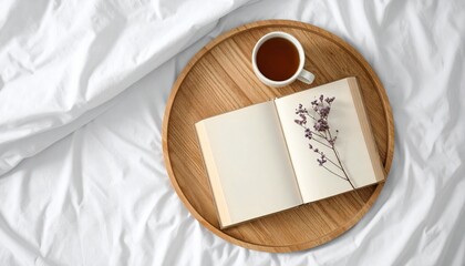 Naklejka premium Peaceful Morning Tea, Book, and Cozy Relaxation on Bed