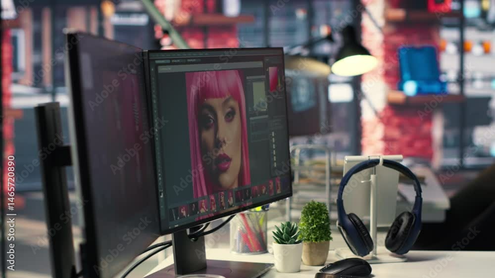 Poster inspiring creative workspace with professional editing software and ai chat bot open on a dual monit