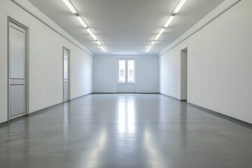 Obraz premium Empty white room with polished floor, illuminated by rows of ceiling lights and natural light coming through a central window, minimalistic and clean interior