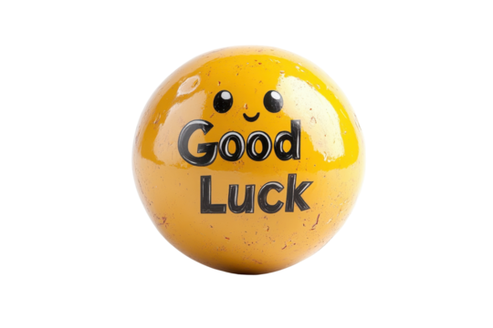 Bright yellow good luck charm with polka dots and cheerful expression promotes positivity and motivation for various life situations, making it a delightful decorative item