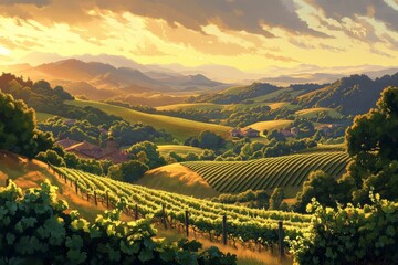 Fototapeta premium Peaceful valley landscape with soft hills trees and morning sunlight