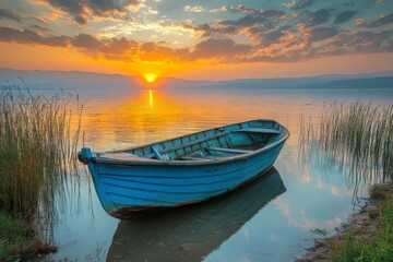 Obraz premium Blue wooden boat floating on calm lake water during golden sunset with reeds in foreground