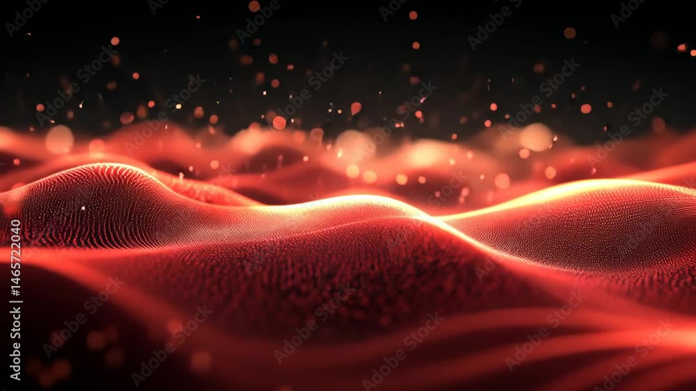 Poster abstract waves of glowing red particles create mesmerizing texture in vibrant landscape.