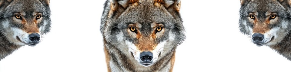 Obraz premium Close-up of three wolves with intense golden eyes against a white background, showing detailed fur texture and focused expressions
