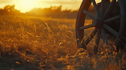 Golden sunset illuminates a weathered wagon wheel in tall grass.