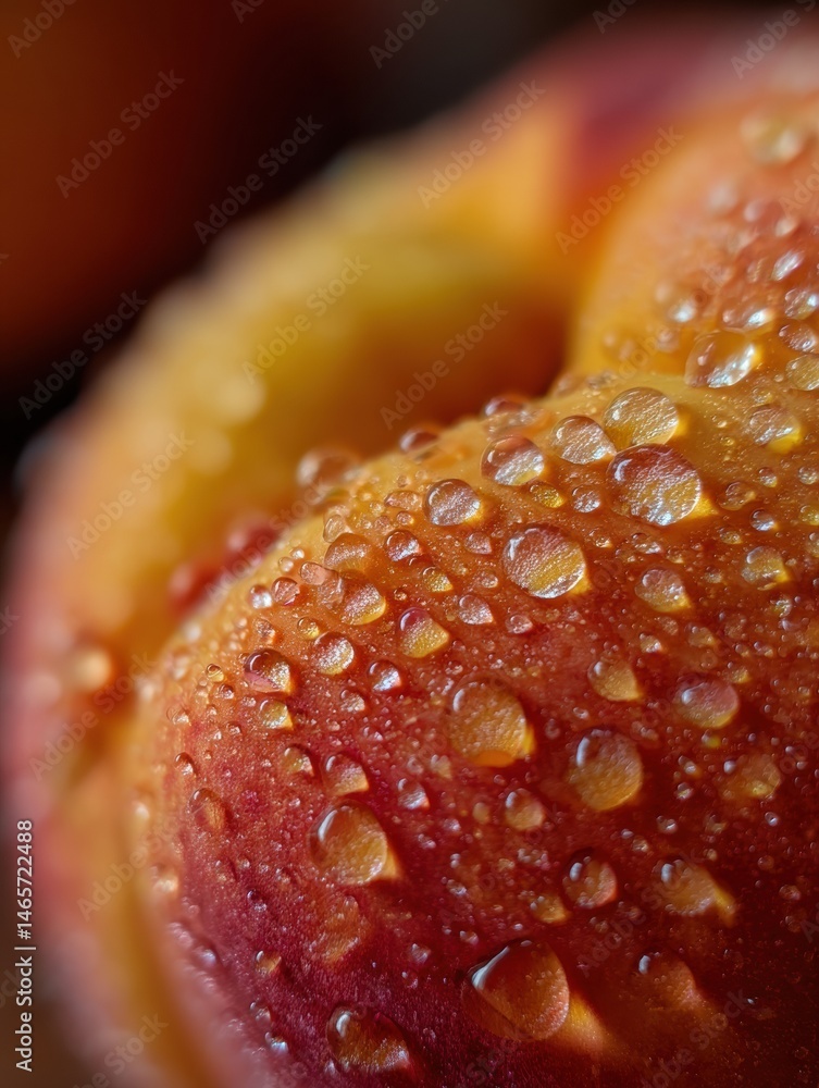 Aufkleber close-up of a ripe peach revealing droplets of water on its smooth skin in a vibrant display of fres
