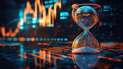 Futuristic hourglass with digital globe inside and flowing sand accompanied by glowing financial graphs and data in a dark technological environment