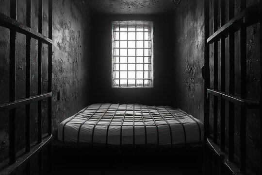 Dark, small prison cell with metal barred doors, a barred window letting in light, and a simple bed secured with straps, evoking a sense of confinement and isolation