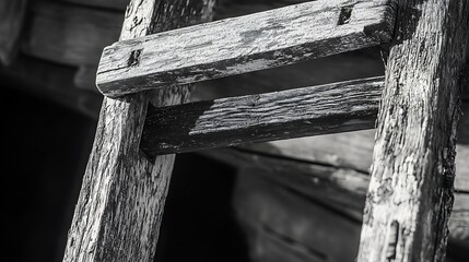 Close-up view of weathered wooden ladder steps.