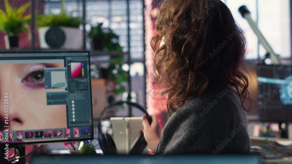 Poster woman editor using color grading on retouching software at the agency, working on professional high 