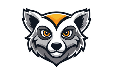Stylized lemur head presents vibrant orange eyes on a clean white backdrop