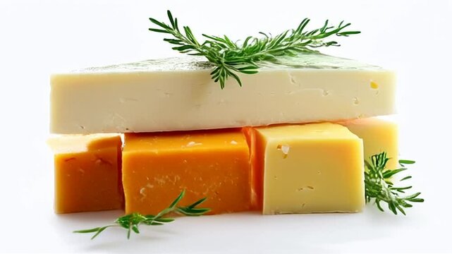 Assorted Colorful Cheese Blocks Stacked with Rosemary Decoration on White Surface Close Up