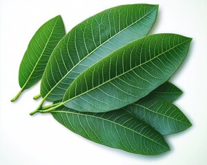 Close-up of fresh green leaves showing detailed vein patterns on a white background, evoking a natural and refreshing feeling