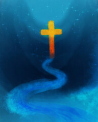 In the night sky, a golden cross shines as a spiritual sign of Christian faith and resurrection