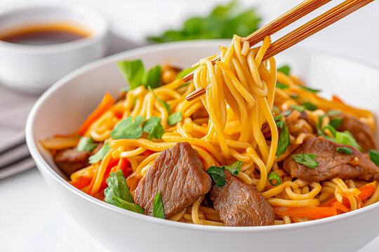 Chopstick holding Yakisoba,close-up,isolated on white background. Asian food. image for cafe and restaurant menus