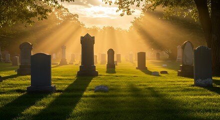 Cemetery Landscape with Sun Rays Shining Through Trees