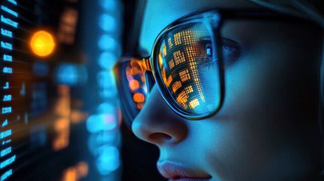 Close-up of a person wearing glasses reflecting illuminated digital stock market data and numbers with a blue and orange glow, conveying focus and analysis