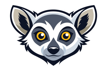 A lemur head gazes forward, sporting bright yellow eyes and distinct facial markings