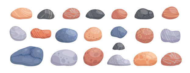 River stones set, sea pebbles collection, isolated vector illustration on white background original artwork for your design