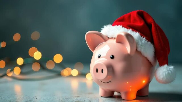 A piggy bank wearing a Santa hat is set against a festive, bokeh-lit background. Concept of: Holiday savings.