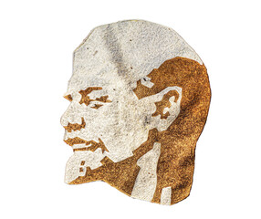 Cutout textile portrait of Vladimir Lenin, isolated on white background.