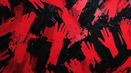multiple red hands reaching upwards against a dark background conveying urgency and struggle