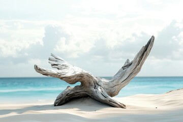 Fototapeta premium Weathered driftwood rests gracefully on a pristine beach, ocean backdrop.