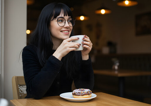 Portrait of smiling young woman enjoying glass of coffee and sweet doughnut in Coffee Shop.