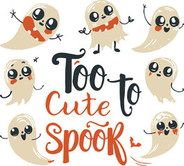 Fototapeta premium Adorable cartoon ghosts with big eyes and cute expressions surrounding Too Cute to Spook text in playful typography on a white background