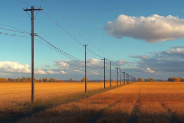 Long row of wooden power poles extending through golden wheat fields under a blue sky with scattered clouds evoking calm and open rural landscape