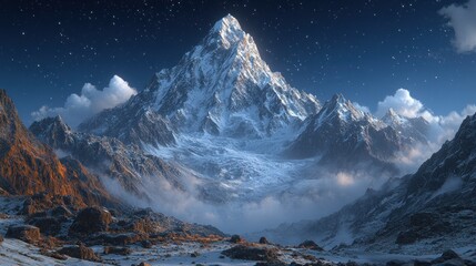 Majestic snow-capped peak under a starlit sky.  Vast, mountainous landscape