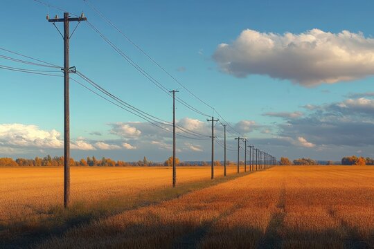 Long row of wooden power poles extending through golden wheat fields under a blue sky with scattered clouds evoking calm and open rural landscape