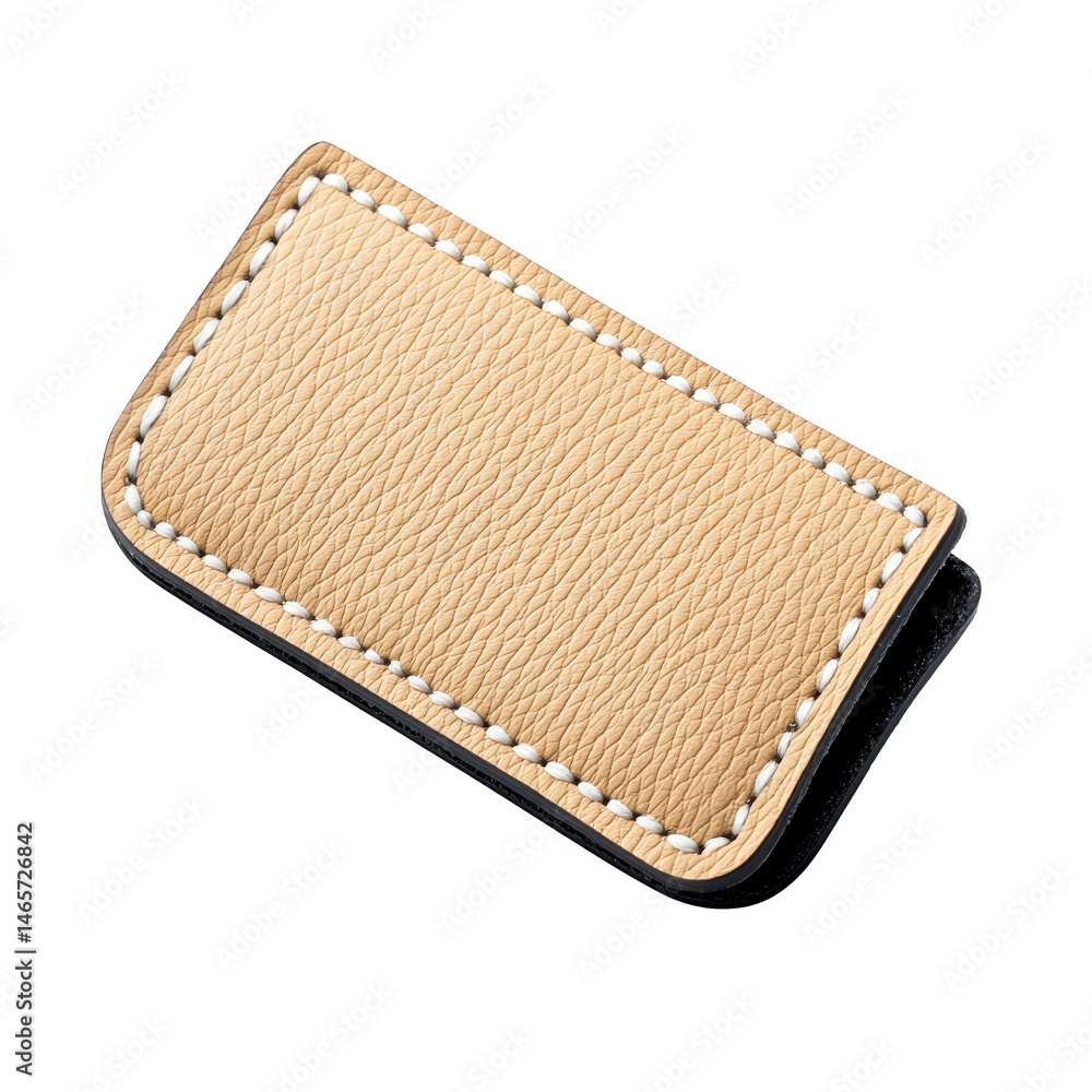 Poster beige leather patch with white stitching, showcasing textured surface and rectangular shape, isolate