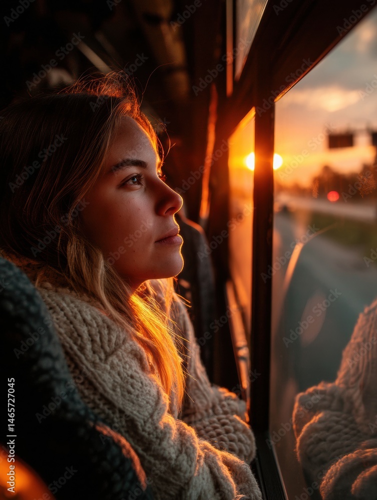 Poster woman gazes out bus window at sunset glow while traveling on a tranquil journey through the countrys
