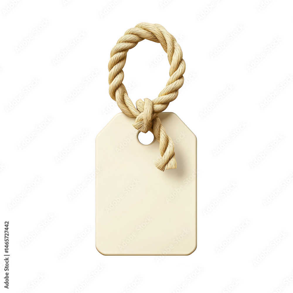 Poster blank beige tag with knotted rope loop is isolated on transparency background, perfect for labeling 