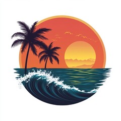 Sunset over ocean waves with splashing water and silhouetted palm trees under orange sky