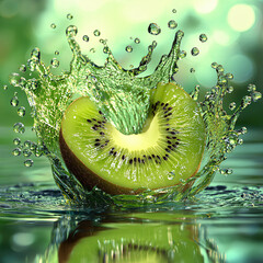 Fresh, juicy green kiwi fruit slice in a water splash, isolated for healthy eating and vitamin boost
